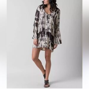 Billabong Oversized Shirt Dress With Bell Sleeve Gauzy Brown White Jr Large